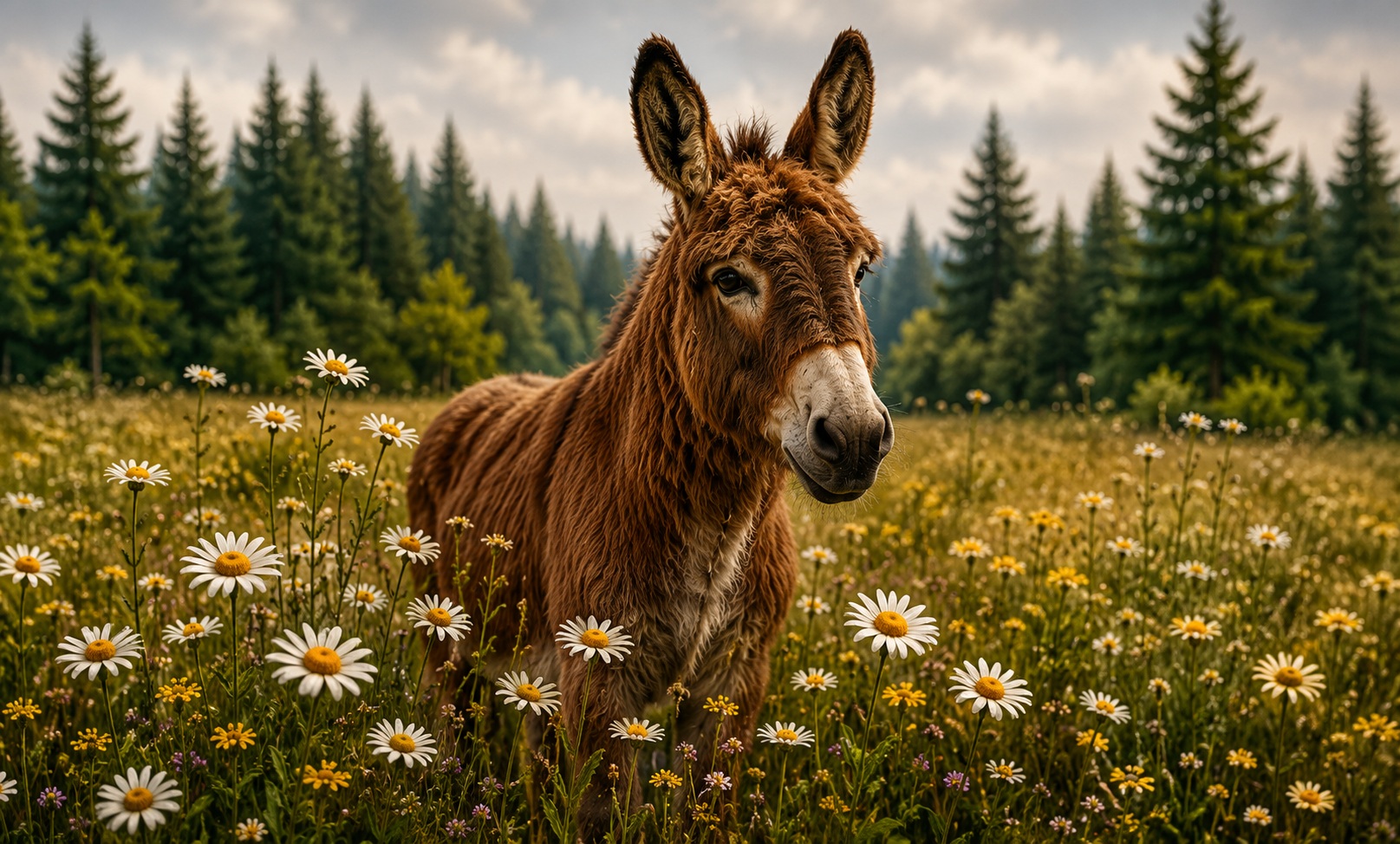 Donkey standing among wildflowers and evergreens