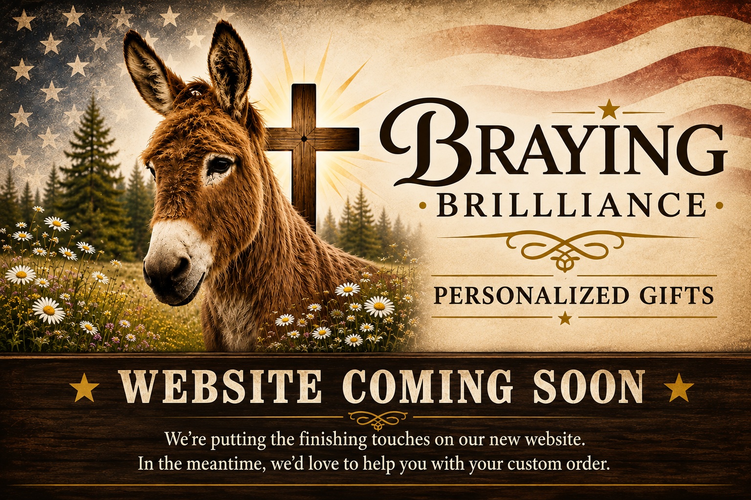 Braying Brilliance personalized gifts featuring a donkey, cross, American flag and wildflowers