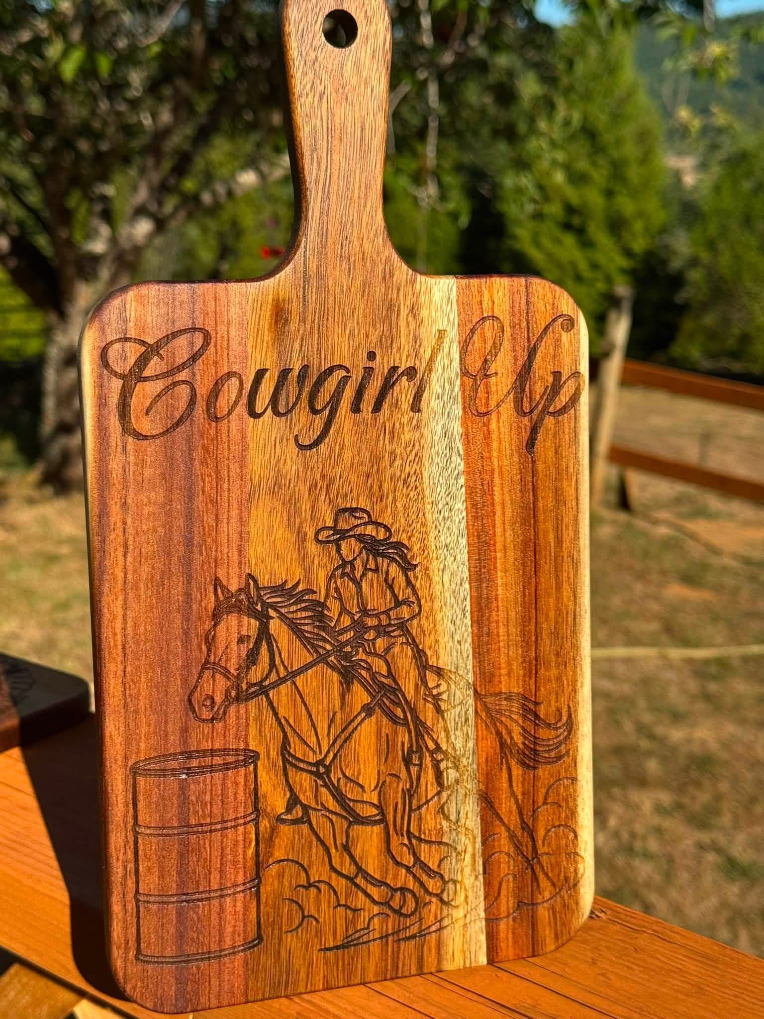Custom laser engraved Cowgirl Up wooden board