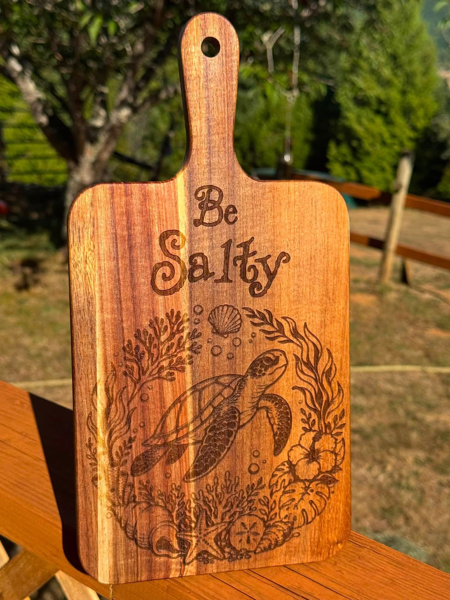 Custom Be Salty sea turtle laser engraved wooden board