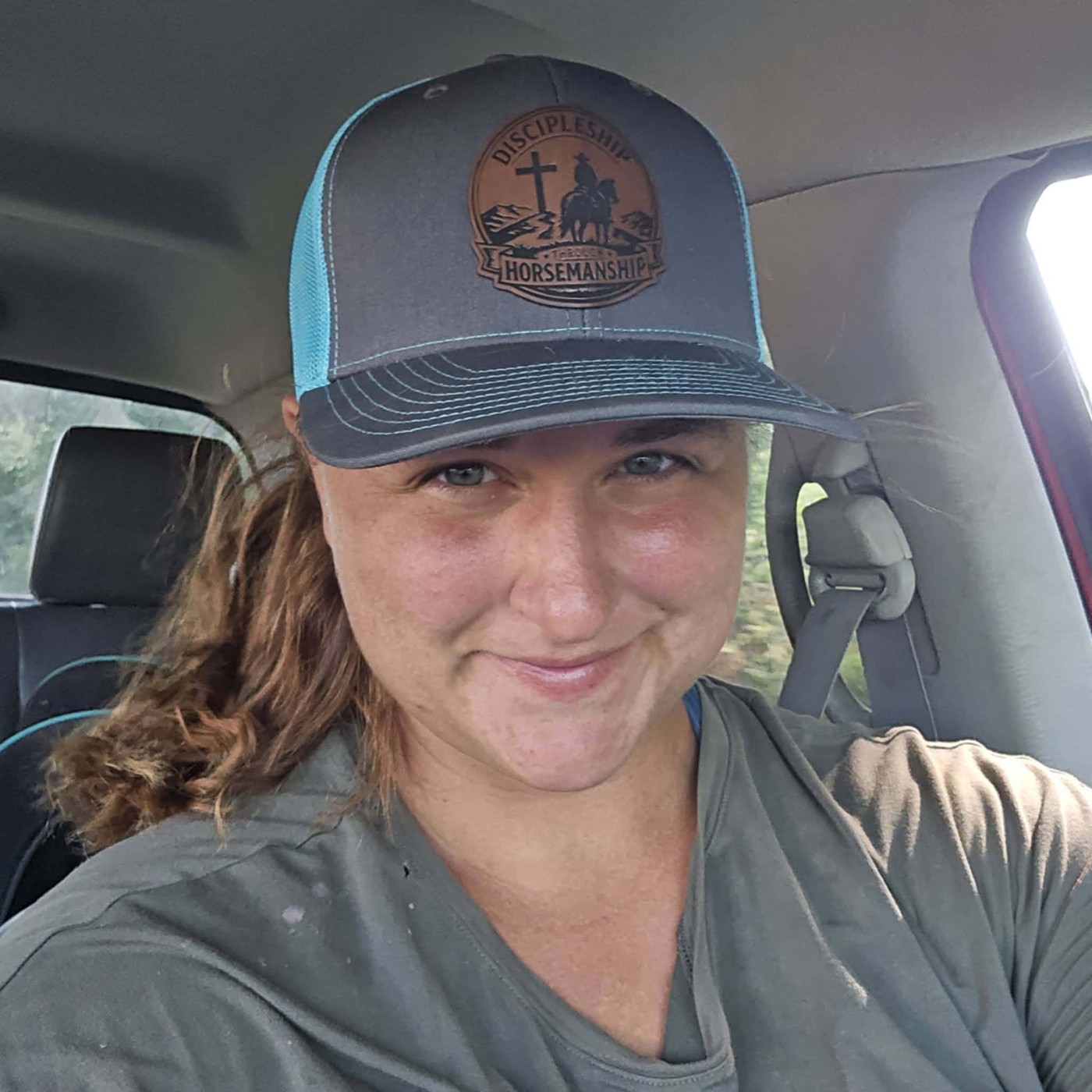Personalized gray and turquoise hat with custom leather patch