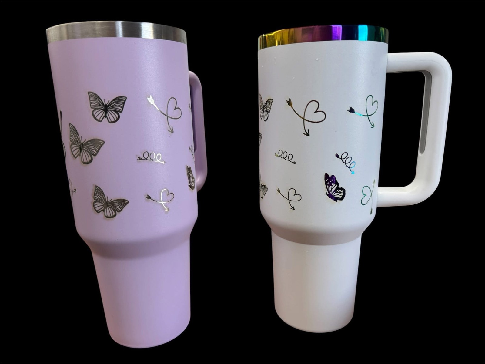Lavender and white personalized tumblers with butterfly and heart designs