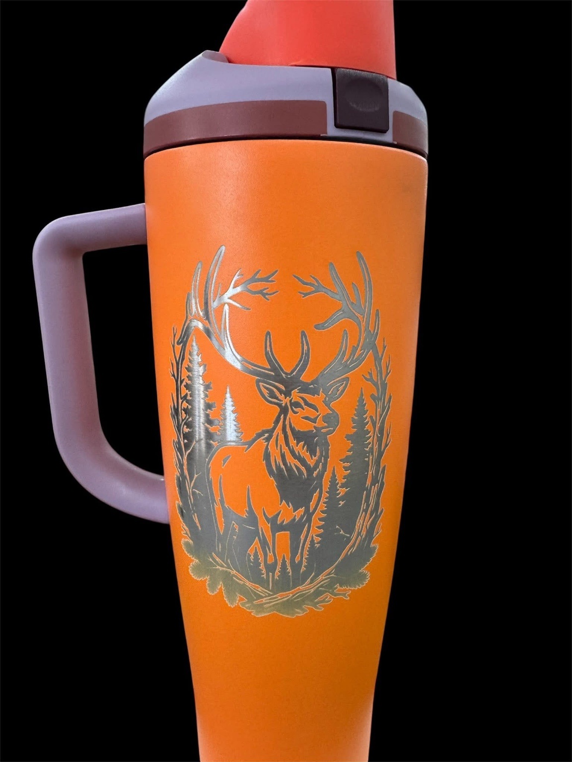 Orange personalized engraved tumbler featuring a deer design